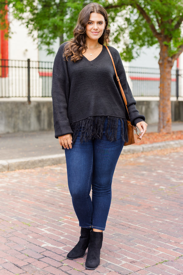 Chic Soul plus size clothing, black long sleeve knit sweater with v neckline and fringe detail along the bottom 