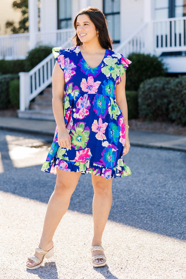 Chic Soul plus size clothing, navy floral print dress with flutter sleeves