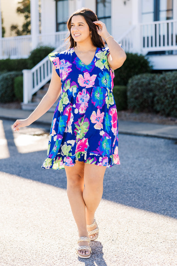 Chic Soul plus size clothing, navy floral print dress with flutter sleeves