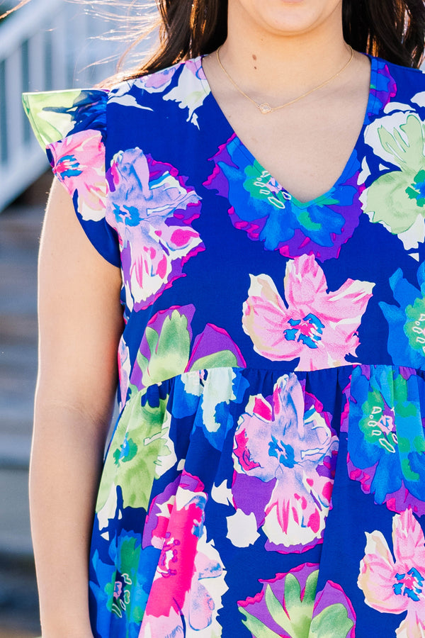 Chic Soul plus size clothing, navy floral print dress with flutter sleeves