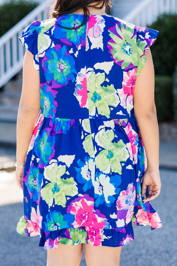 Chic Soul plus size clothing, navy floral print dress with flutter sleeves