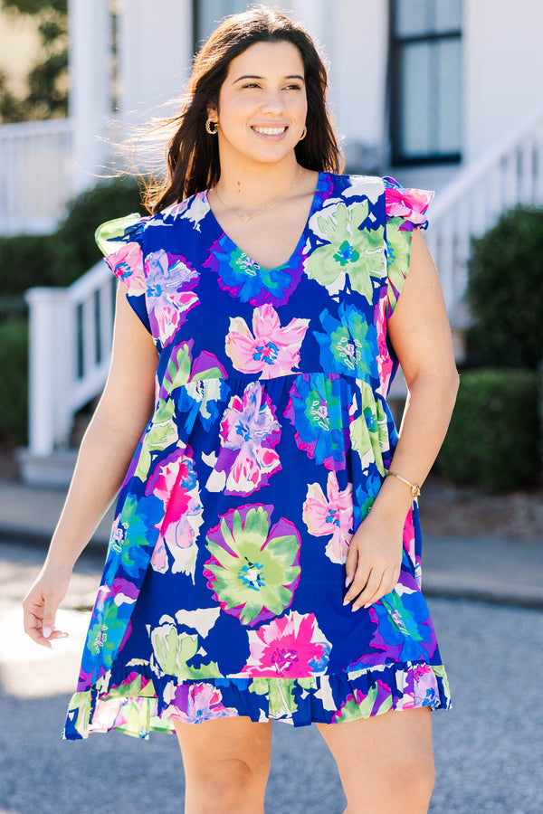Chic Soul plus size clothing, navy floral print dress with flutter sleeves