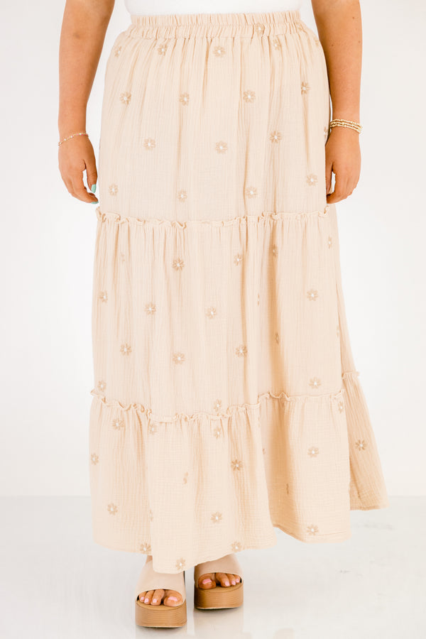 Chic Soul plus size clothing, ivory off white linen tiered maxi skirt with small darker ivory tan flowers all over and an elastic waistband