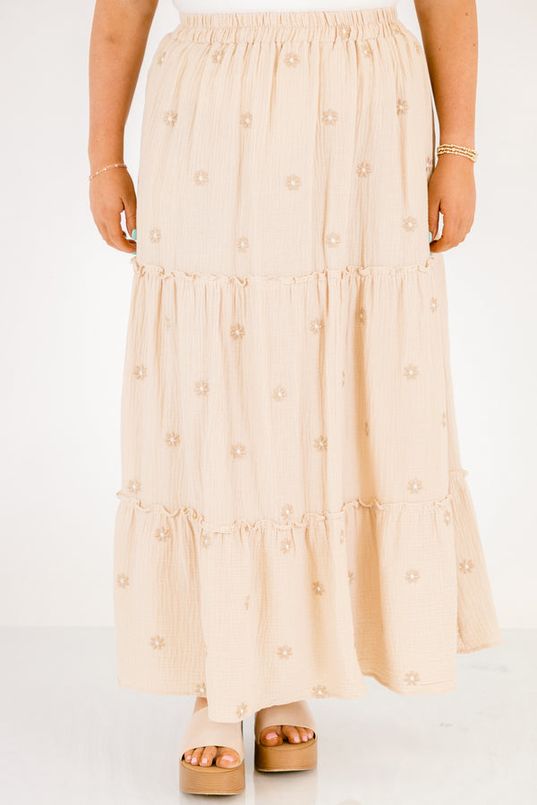 Chic Soul plus size clothing, ivory off white linen tiered maxi skirt with small darker ivory tan flowers all over and an elastic waistband