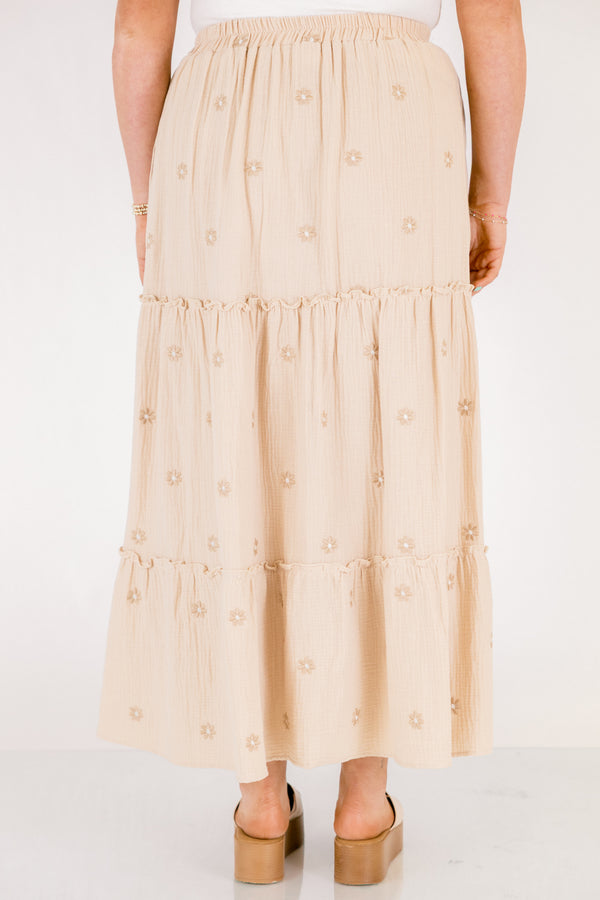 Chic Soul plus size clothing, ivory off white linen tiered maxi skirt with small darker ivory tan flowers all over and an elastic waistband