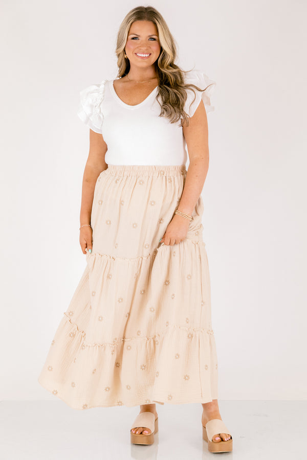 Chic Soul plus size clothing, ivory off white linen tiered maxi skirt with small darker ivory tan flowers all over and an elastic waistband