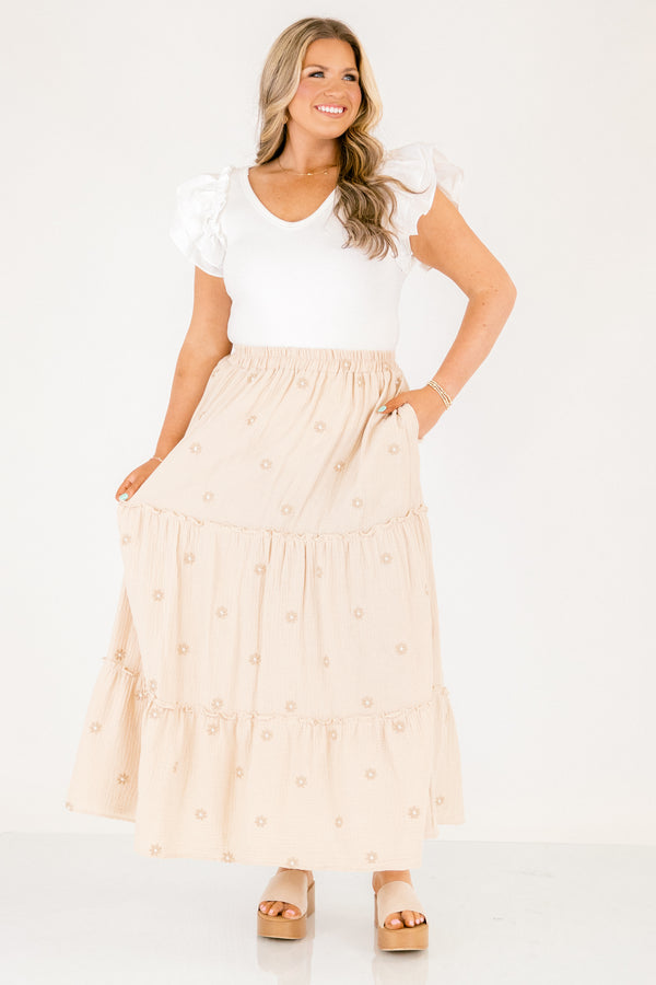 Chic Soul plus size clothing, ivory off white linen tiered maxi skirt with small darker ivory tan flowers all over and an elastic waistband