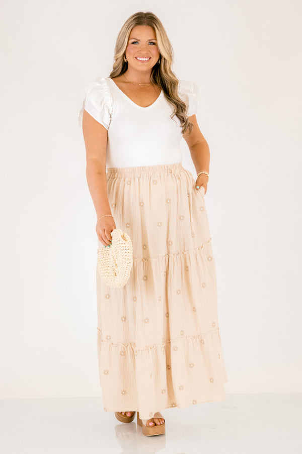 Chic Soul plus size clothing, ivory off white linen tiered maxi skirt with small darker ivory tan flowers all over and an elastic waistband