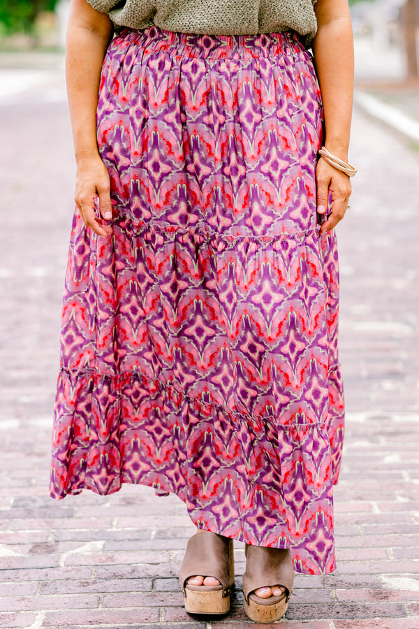 Chic Soul plus size clothing, magenta maxi skirt that has a multi color geometric abstract pattern 
