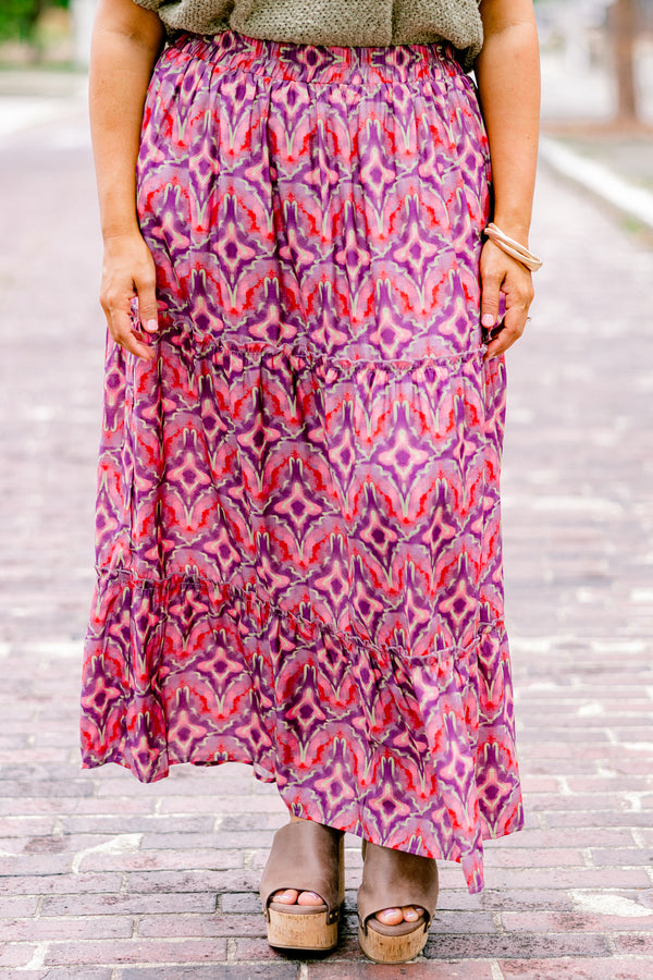 Chic Soul plus size clothing, magenta maxi skirt that has a multi color geometric abstract pattern 
