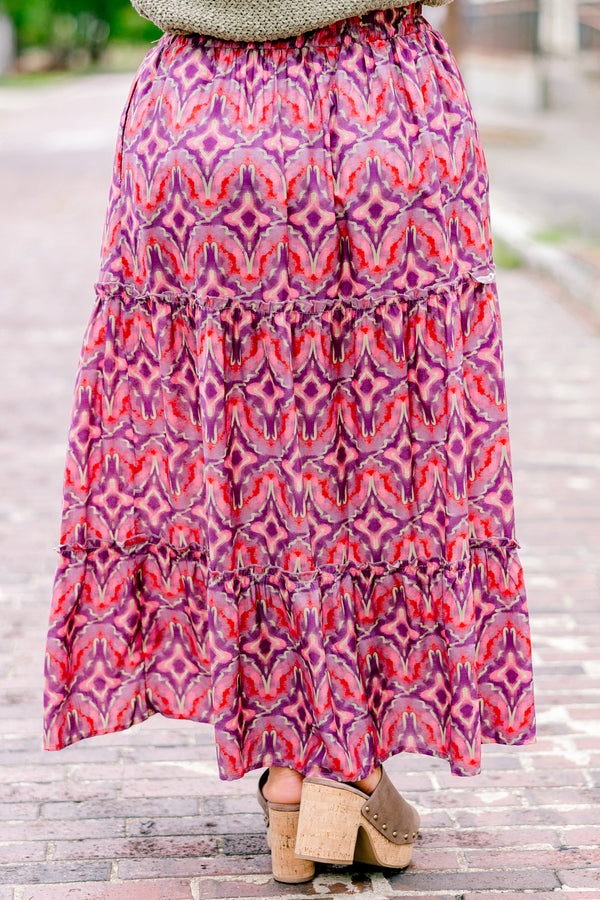Chic Soul plus size clothing, magenta maxi skirt that has a multi color geometric abstract pattern 
