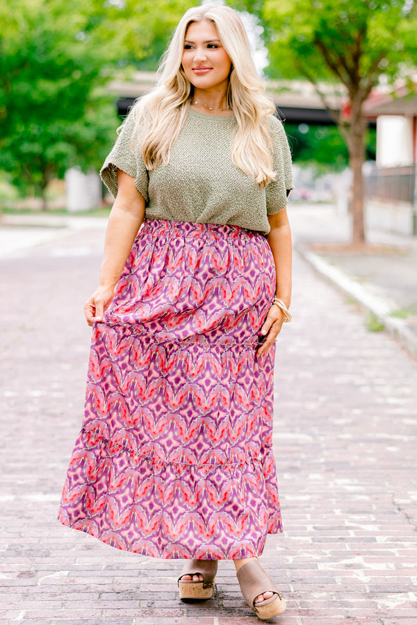 Chic Soul plus size clothing, magenta maxi skirt that has a multi color geometric abstract pattern 

