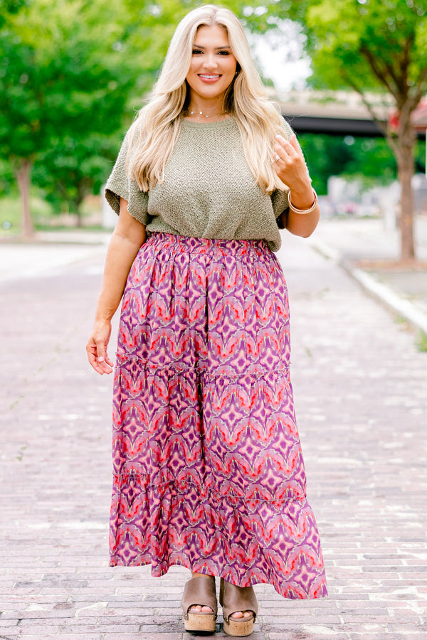 Chic Soul plus size clothing, magenta maxi skirt that has a multi color geometric abstract pattern 
