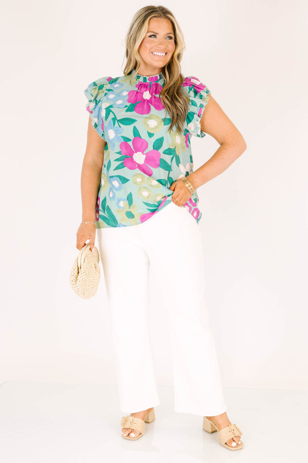 Chic Soul plus size clothing, mint green top with multicolor floral pattern and ruffle tiered sleeves