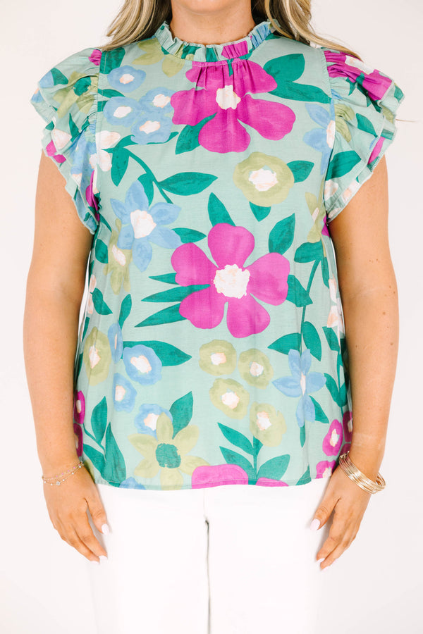 Chic Soul plus size clothing, mint green top with multicolor floral pattern and ruffle tiered sleeves