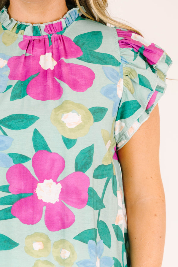 Chic Soul plus size clothing, mint green top with multicolor floral pattern and ruffle tiered sleeves