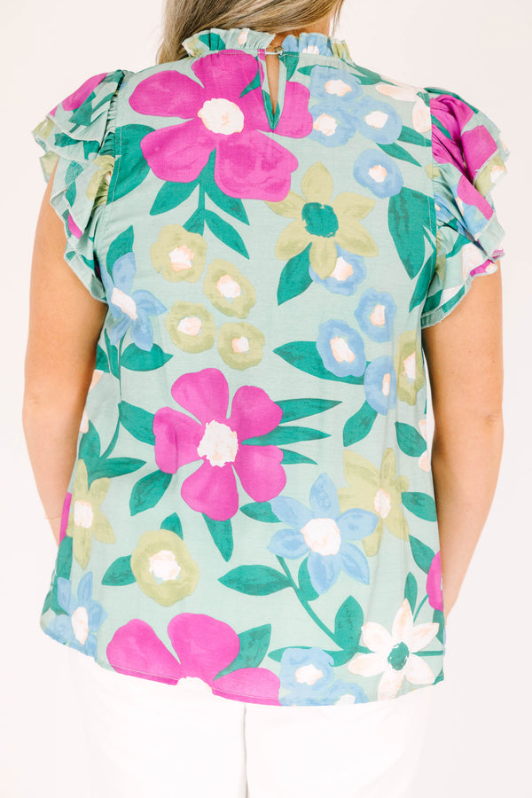 Chic Soul plus size clothing, mint green top with multicolor floral pattern and ruffle tiered sleeves