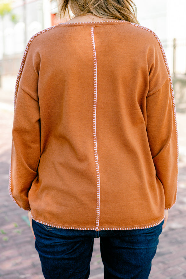 Chic Soul plus size clothing, brown long sleeve sweater with white stitching details going down the center of the sweater sleeves neckline ad bottom of the sweater 