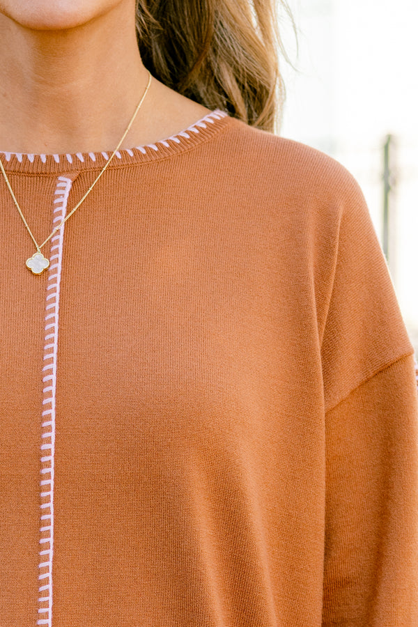 Chic Soul plus size clothing, brown long sleeve sweater with white stitching details going down the center of the sweater sleeves neckline ad bottom of the sweater 