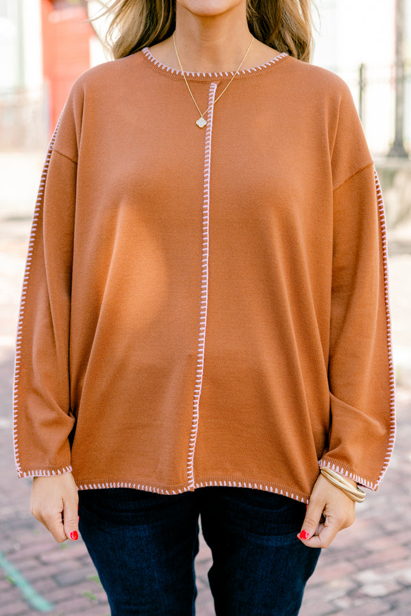 Chic Soul plus size clothing, brown long sleeve sweater with white stitching details going down the center of the sweater sleeves neckline ad bottom of the sweater 