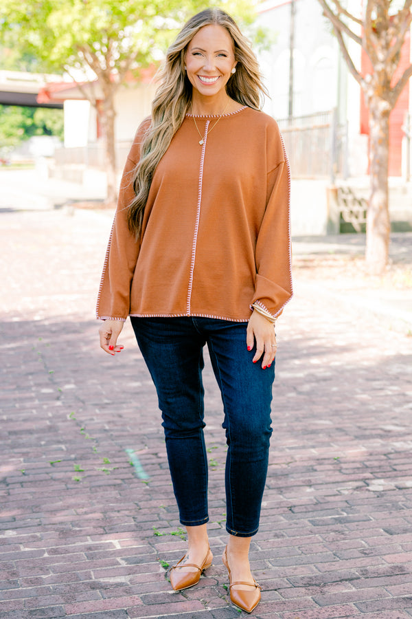 Chic Soul plus size clothing, brown long sleeve sweater with white stitching details going down the center of the sweater sleeves neckline ad bottom of the sweater 