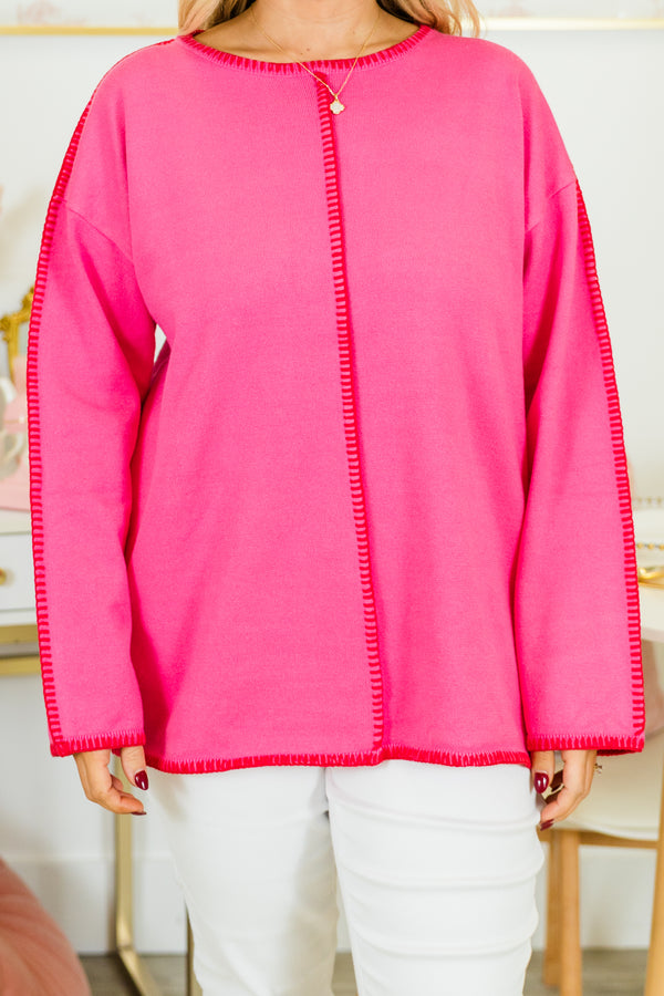 Chic Soul plus size clothing, pink sweater with red stitching pattern