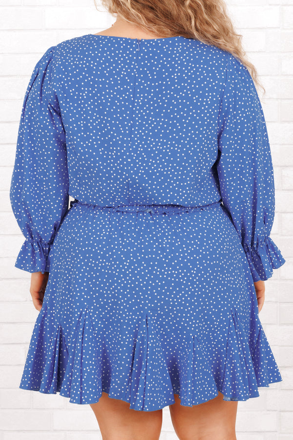 Chic Soul plus size clothing, blue polka dot romper with ruffle sleeves and sinched waist