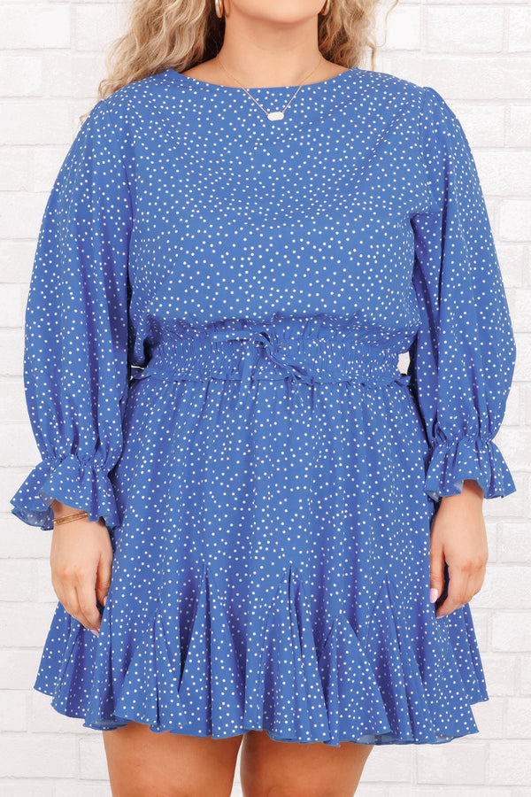 Chic Soul plus size clothing, blue polka dot romper with ruffle sleeves and sinched waist