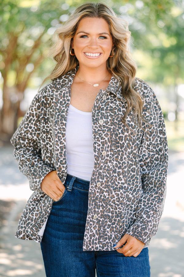 Plus Size leopard print denim jacket with a button-down front and long sleeves.