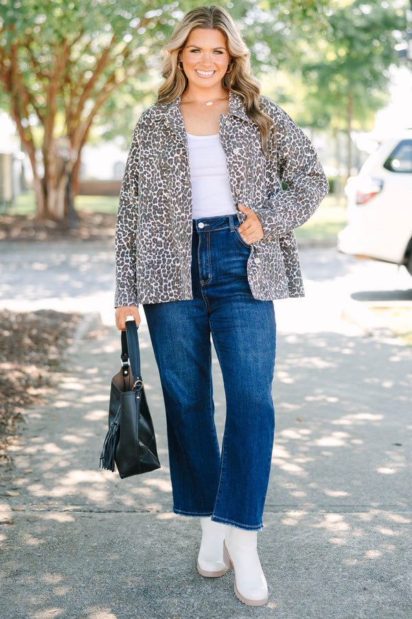 Plus Size leopard print denim jacket with a button-down front and long sleeves.