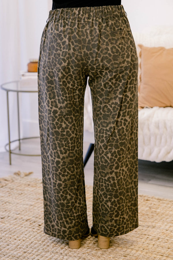 Chic Soul plus size clothing, leopard print full length straight leg pants with 2 front pockets 