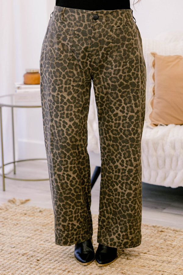 Chic Soul plus size clothing, leopard print full length straight leg pants with 2 front pockets 