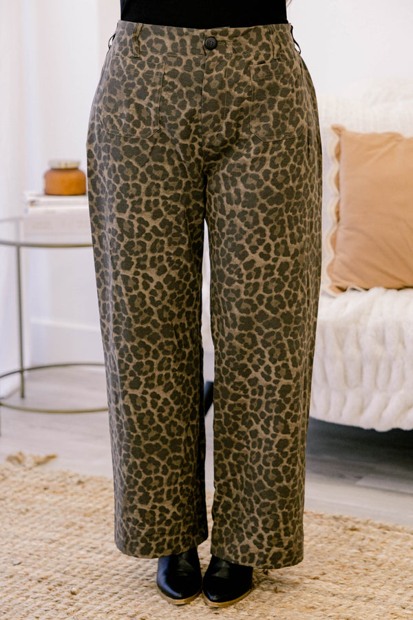 Chic Soul plus size clothing, leopard print full length straight leg pants with 2 front pockets 