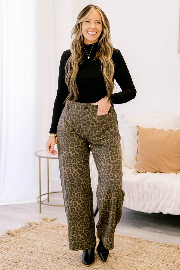Chic Soul plus size clothing, leopard print full length straight leg pants with 2 front pockets 