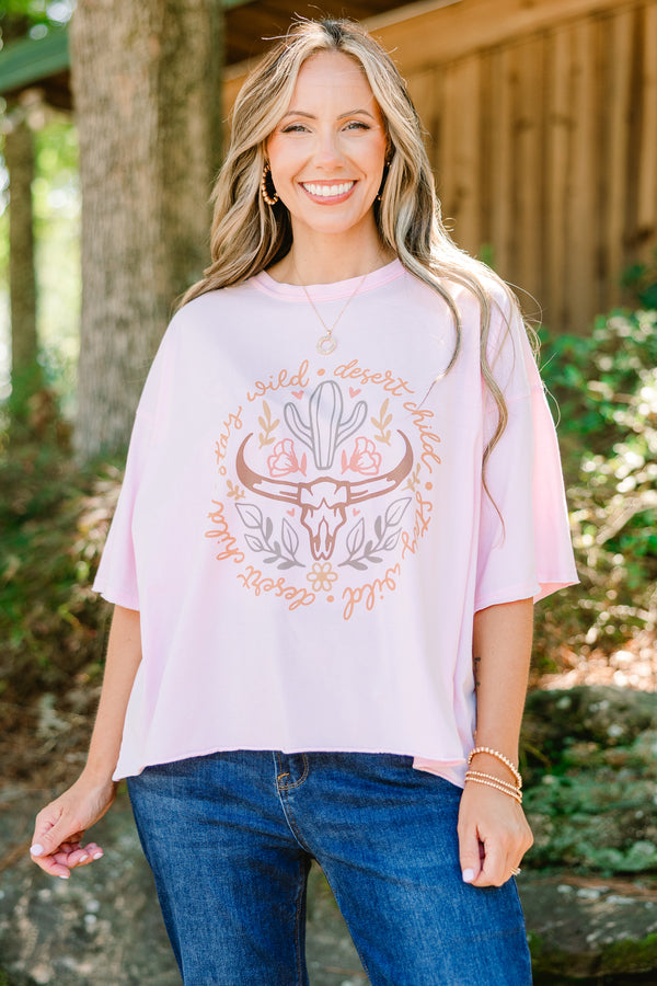 Chic Soul plus size clothing, pink short sleeve graphic tee with a steer and cactus graphic on the center of the shirt that has the sayings 