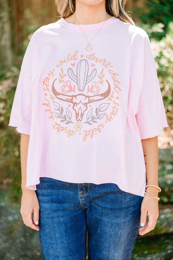 Chic Soul plus size clothing, pink short sleeve graphic tee with a steer and cactus graphic on the center of the shirt that has the sayings 