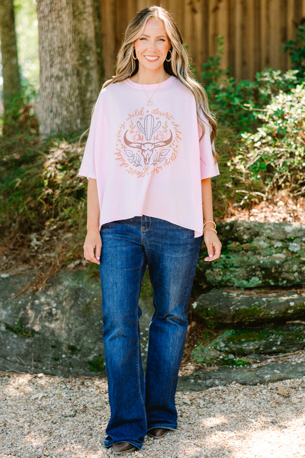 Chic Soul plus size clothing, pink short sleeve graphic tee with a steer and cactus graphic on the center of the shirt that has the sayings 