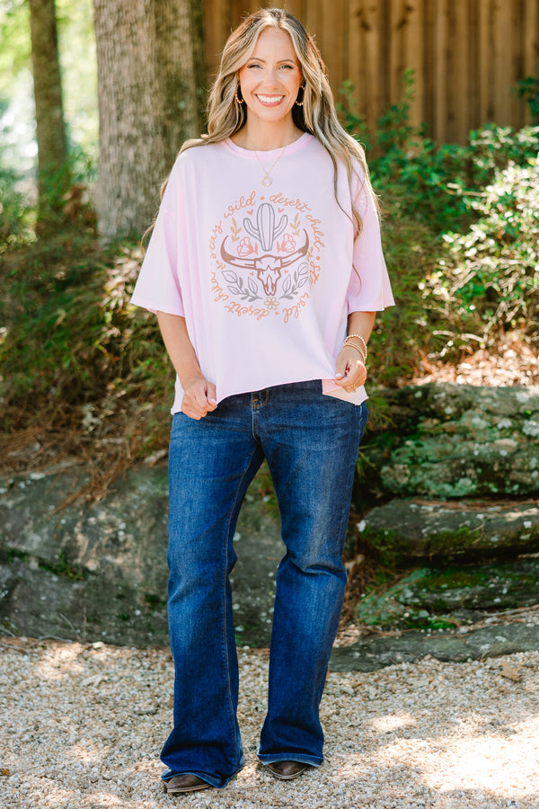 Chic Soul plus size clothing, pink short sleeve graphic tee with a steer and cactus graphic on the center of the shirt that has the sayings 