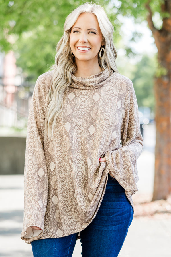 Chic Soul plus size clothing, brown snake print long sleeve top with cowl turtleneck neckline with bell sleeves