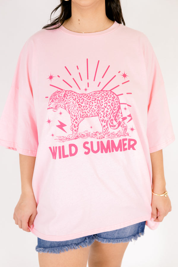 Chic Soul plus size clothing, light pink oversized boyfriend tee with hot pink cheetah graphic and 