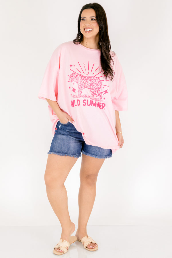 Chic Soul plus size clothing, light pink oversized boyfriend tee with hot pink cheetah graphic and 