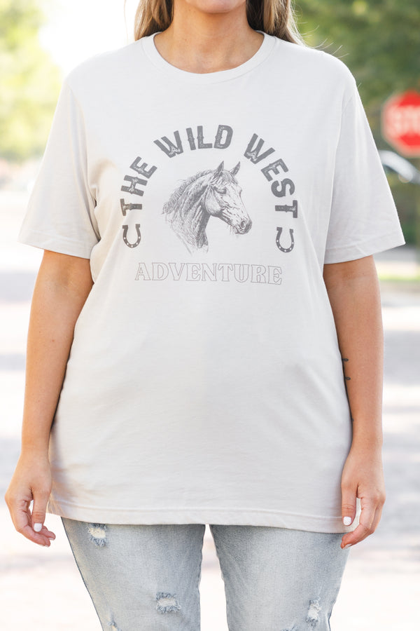 Chic Soul plus size clothing, dust colored western tee with horse and wild west graphic
