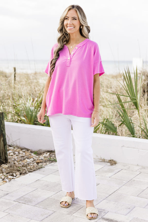 Chic Soul plus size clothing, magenta short sleeve v-neck half-button waffle textured basic top