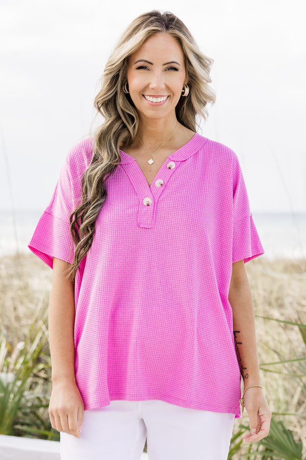 Chic Soul plus size clothing, magenta short sleeve v-neck half-button waffle textured basic top