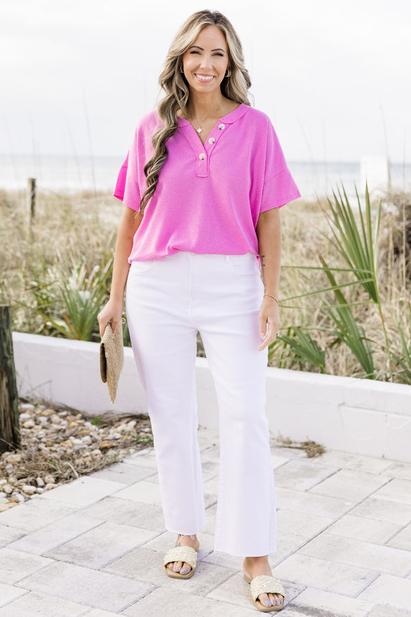 Chic Soul plus size clothing, magenta short sleeve v-neck half-button waffle textured basic top