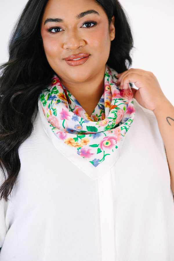 Plus Size white scarf featuring a vibrant pink, blue, and orange wildflower floral pattern.