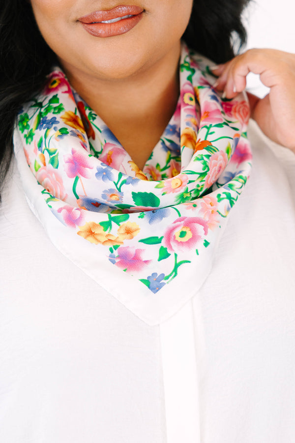 Plus Size white scarf featuring a vibrant pink, blue, and orange wildflower floral pattern.