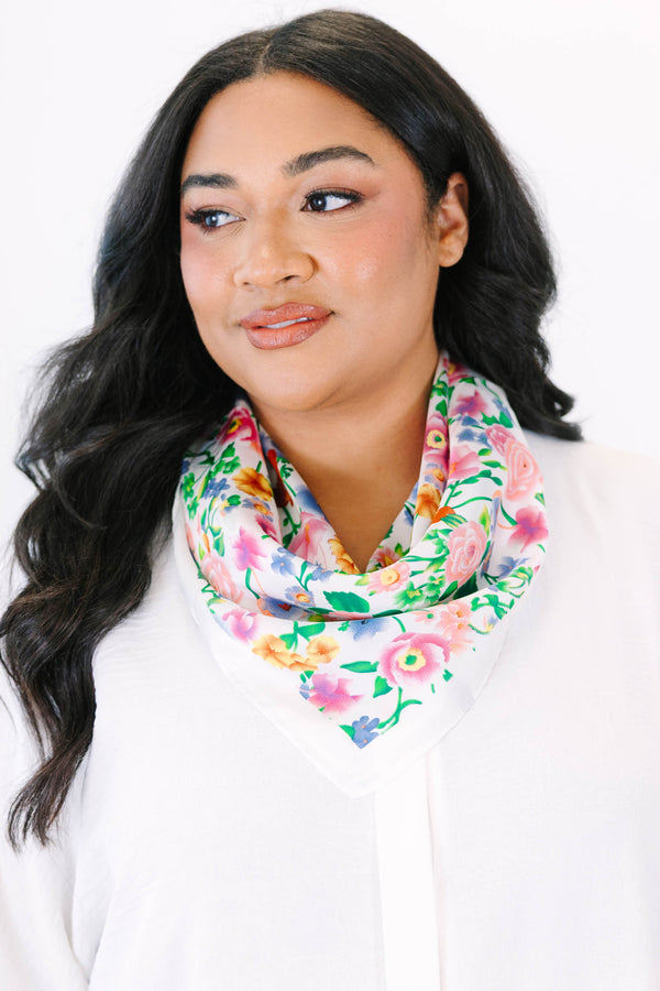 Plus Size white scarf featuring a vibrant pink, blue, and orange wildflower floral pattern.