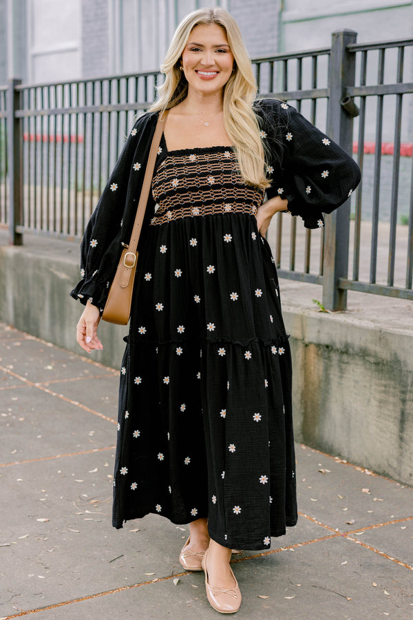Chic Soul plus size clothing, black long sleeve flowy tiered maxi dress with square neckline and ruched texture top and small white flowers on it