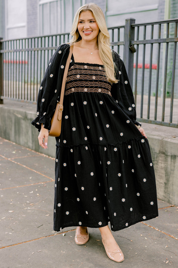 Chic Soul plus size clothing, black long sleeve flowy tiered maxi dress with square neckline and ruched texture top and small white flowers on it